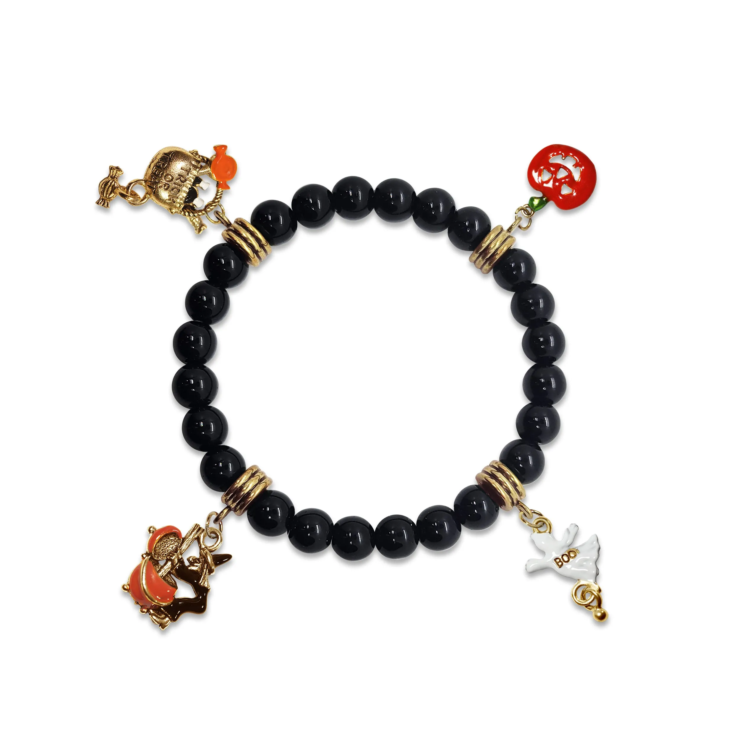 Halloween Trick or Treat Genuine Onyx Charm Bracelet | Handmade in USA | 4 Hand-Painted Charms