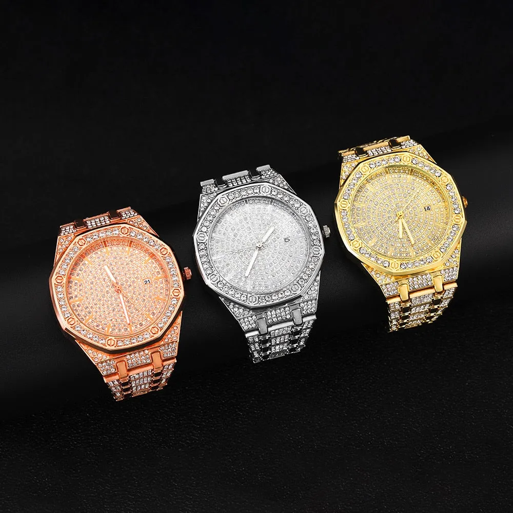 Hip Hop Men Iced Out Watches Luxury Date Quartz Wrist Watches