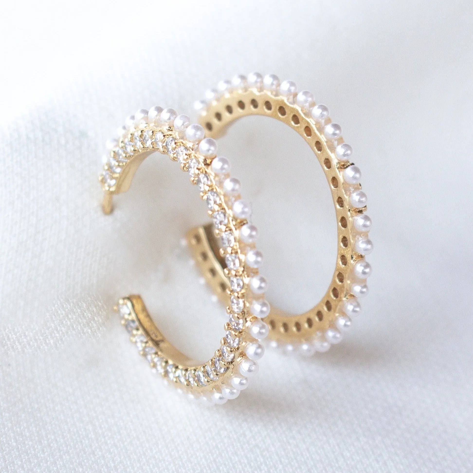 Kinsey Designs | Whit Thin Gold Tone Hoop Earrings with Pearl and CZ Crystal Accented Border