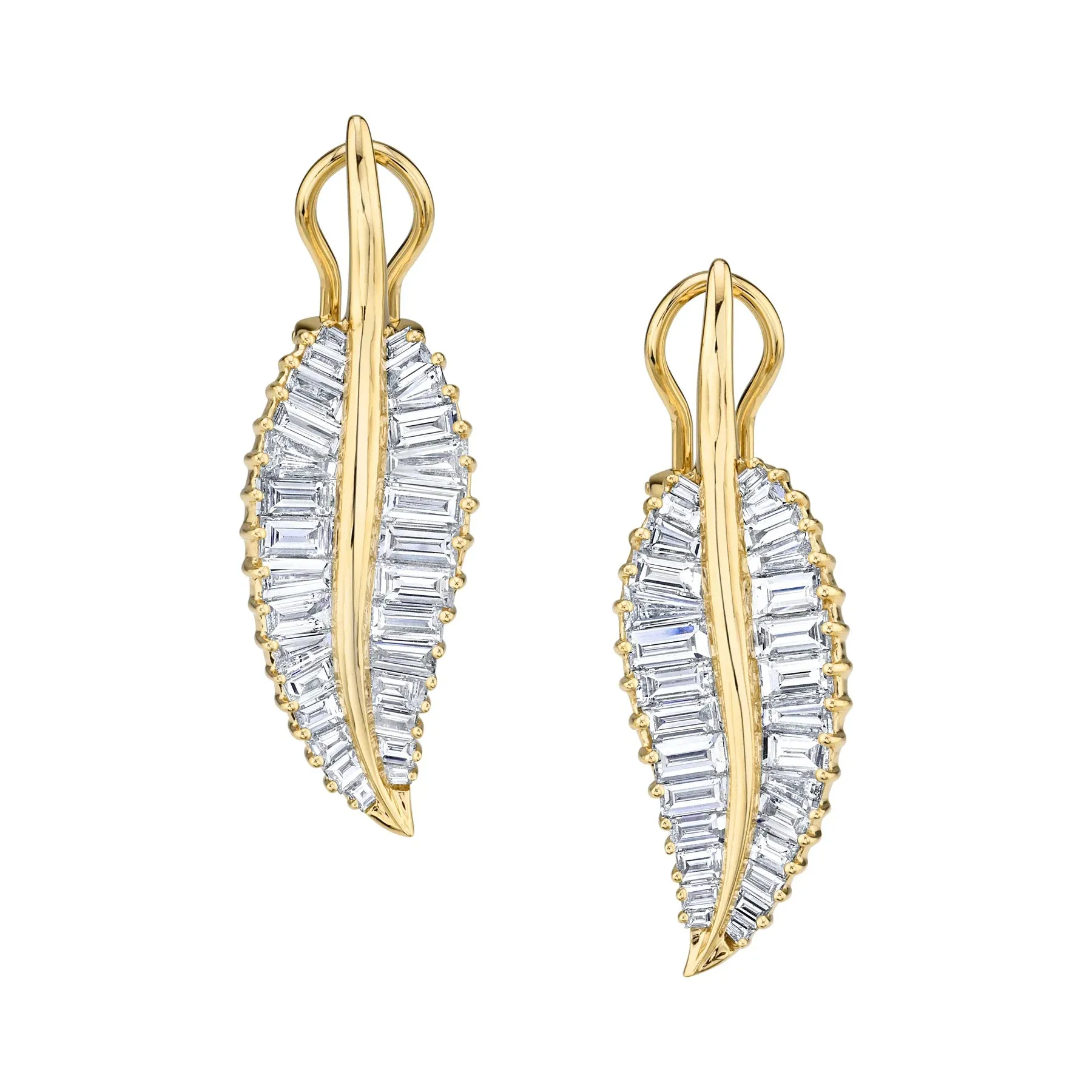 Large Palm Leaf Drop Earrings in Yellow Gold with Diamonds