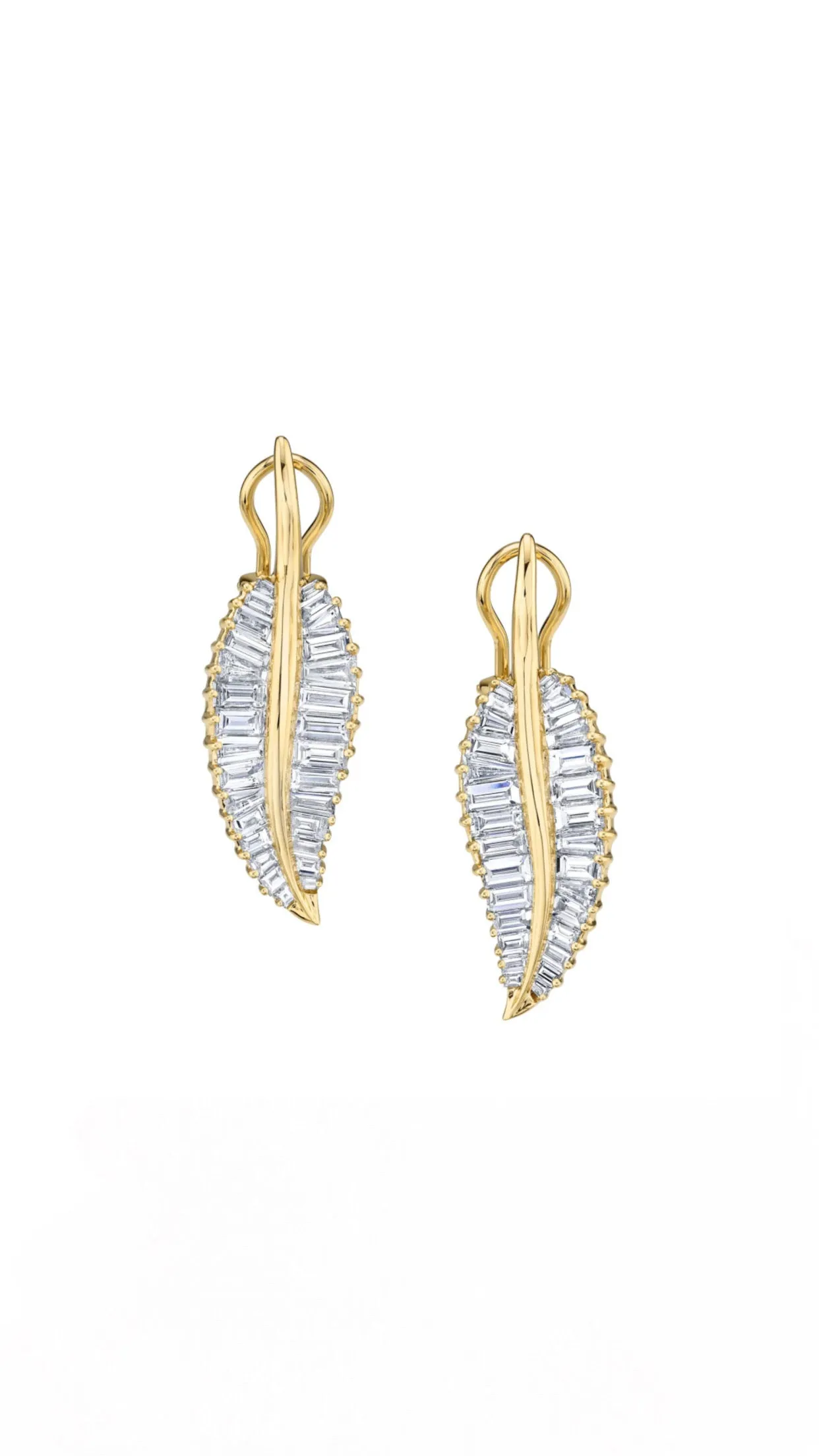 Large Palm Leaf Drop Earrings in Yellow Gold with Diamonds