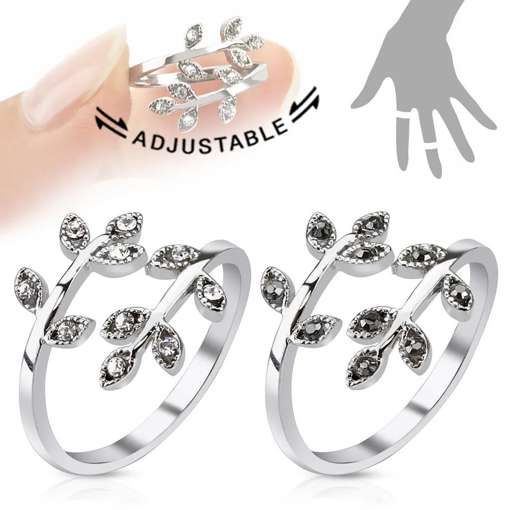 Leaves w/ Paved Gems Adjustable Mid Ring / Toe Ring