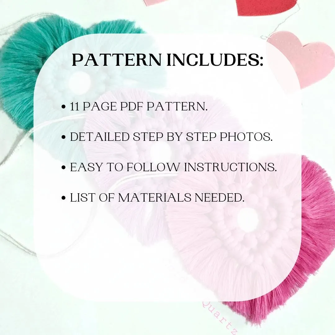 Macrame heart rear view mirror charm pdf pattern tutorial. Step by step. beginner friendly. valentines day mirror hanger.