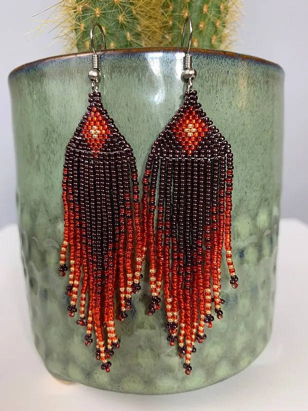 Metallic Burgundy Red Orange & Gold Beaded Earrings