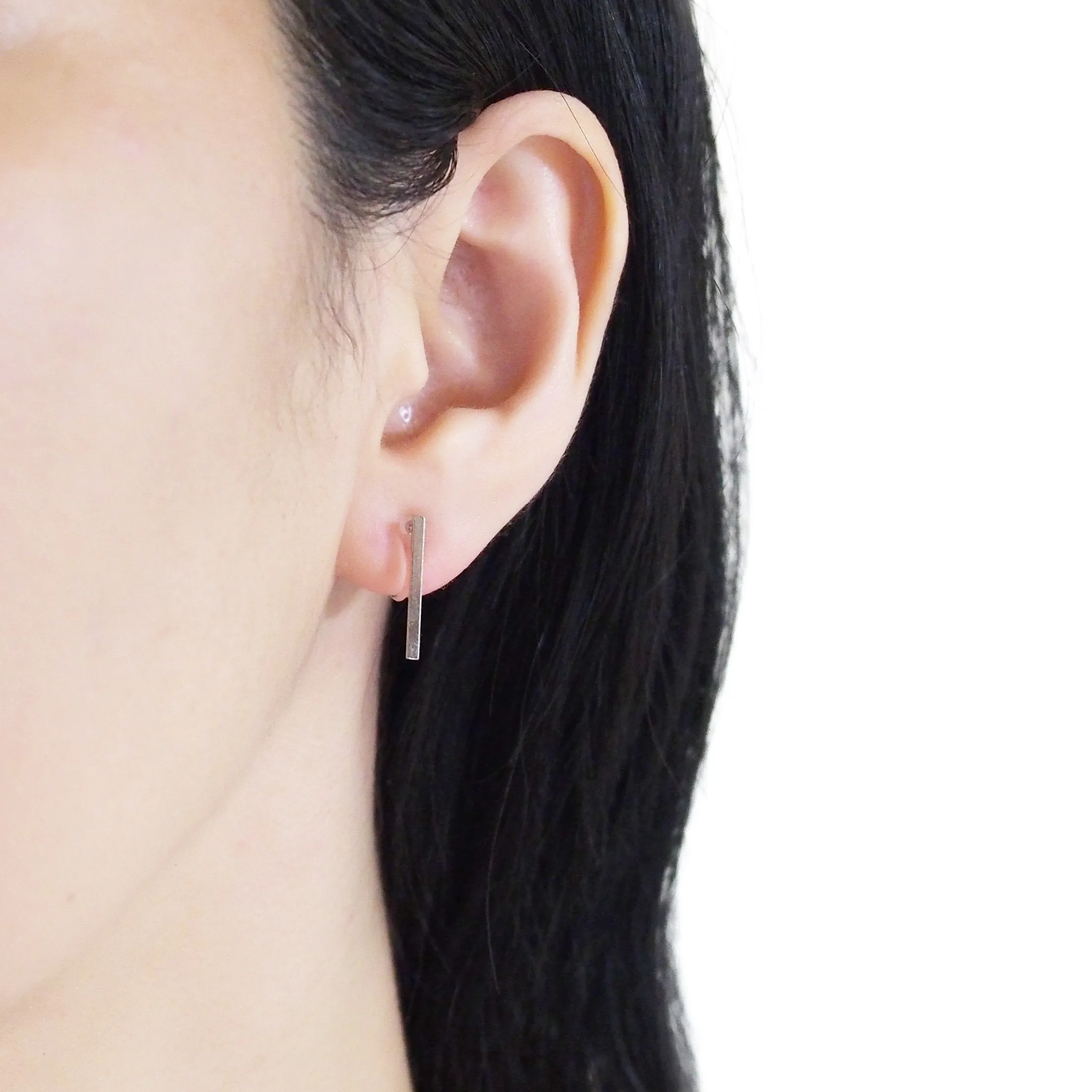 Minimal short bar invisible clip on earrings ( Silver tone )