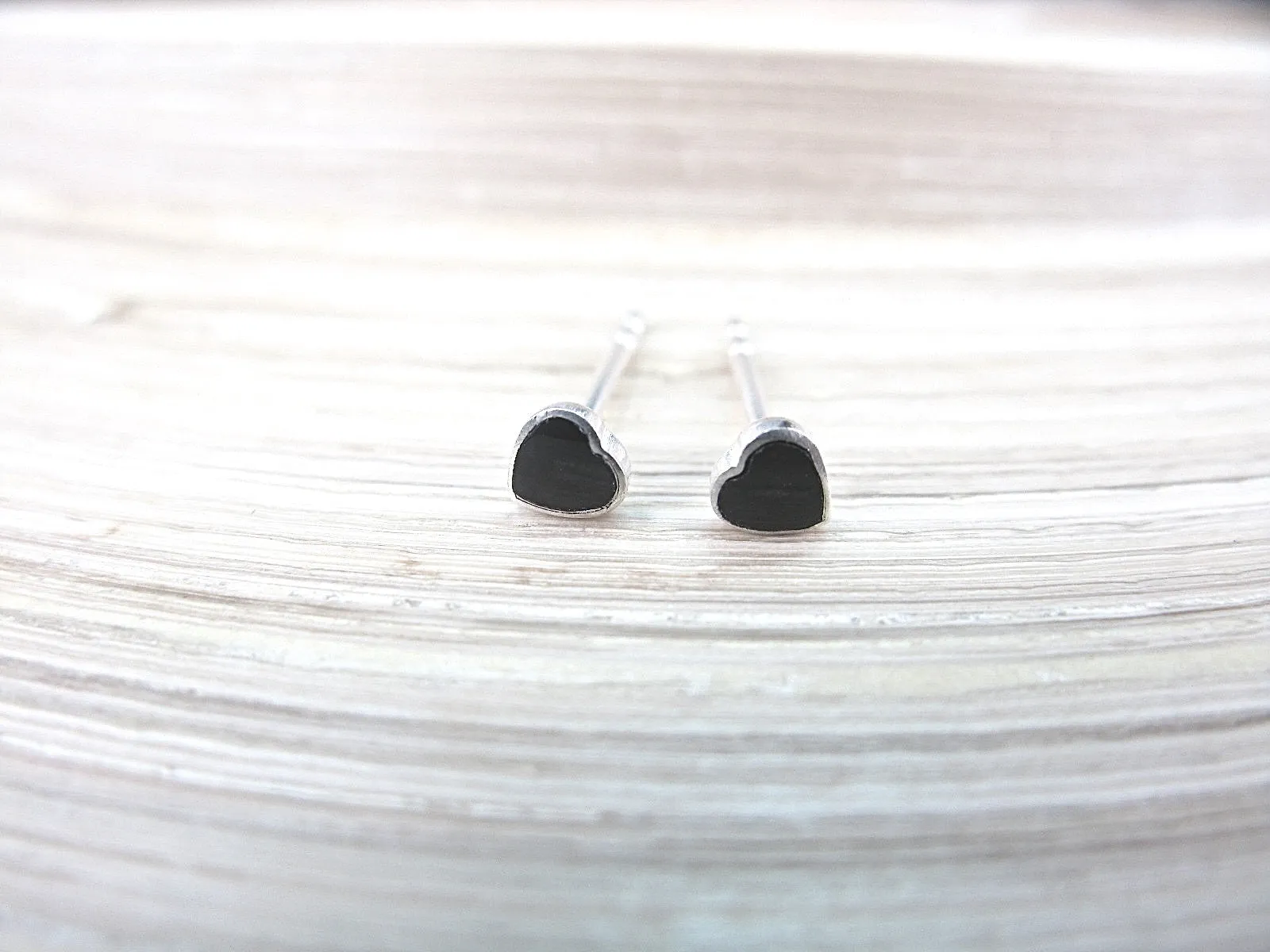 Onyx Heart Minimalist Stud Earrings in 925 Sterling Silver