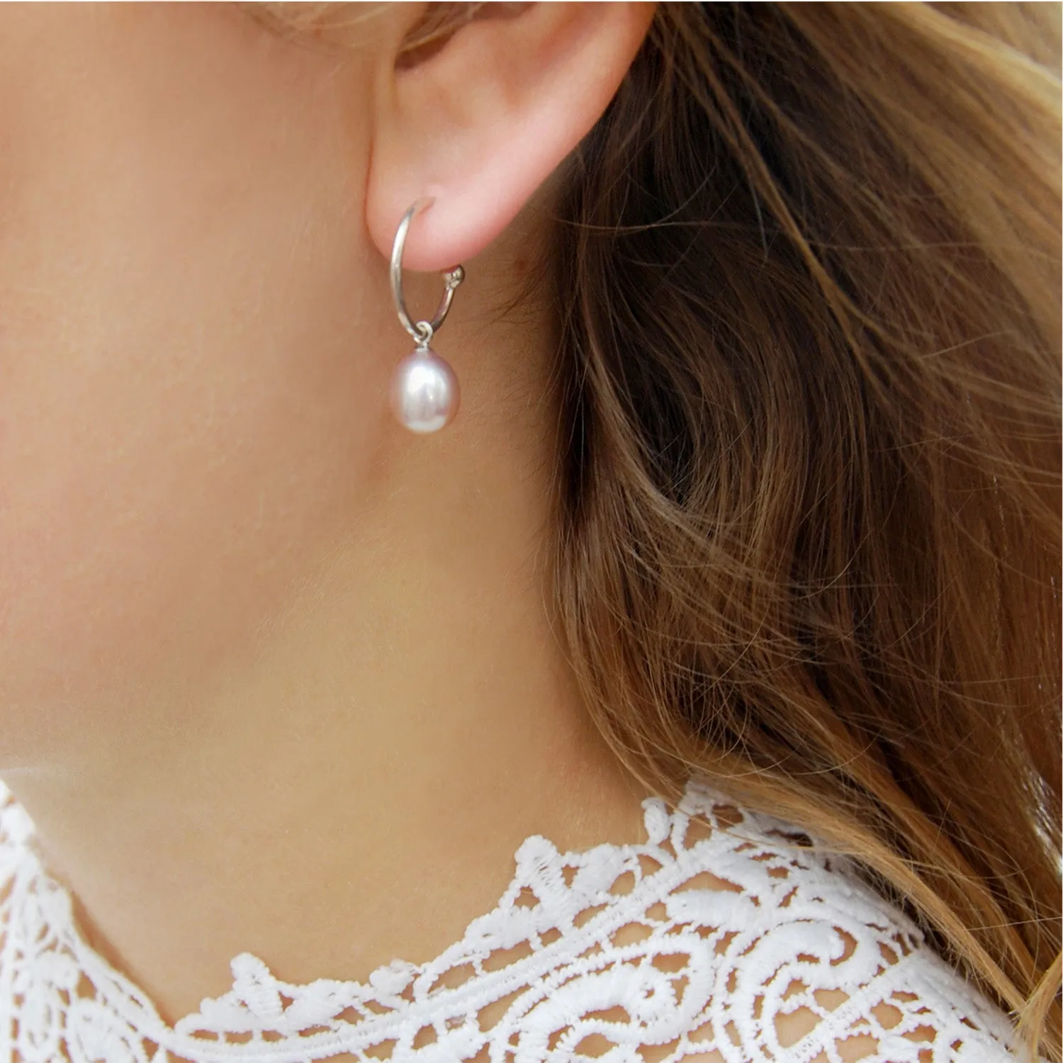 Pink Freshwater Pearl Silver Hoop Earrings