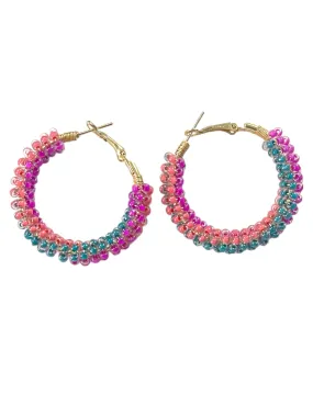 Pink, Orange and Teal Beaded Hoops