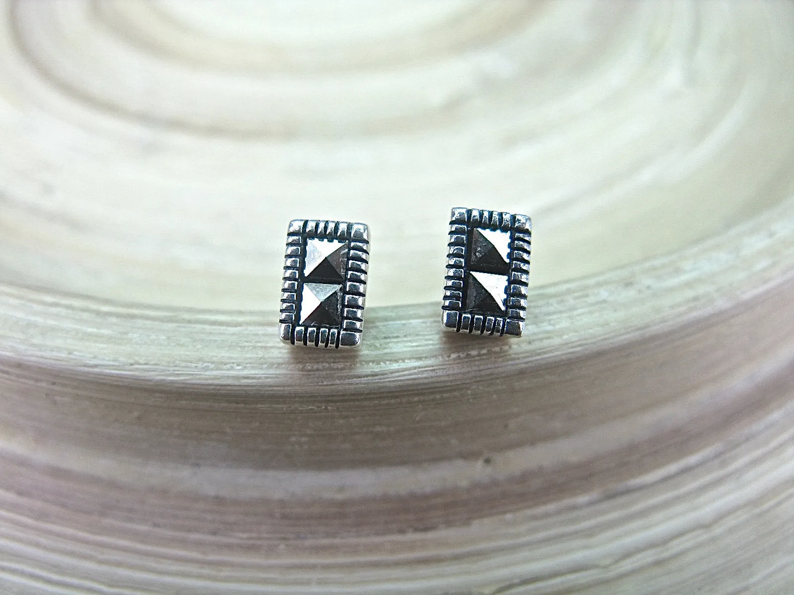 Rectangle Marcasite Stud Earrings in 925 Sterling Silver