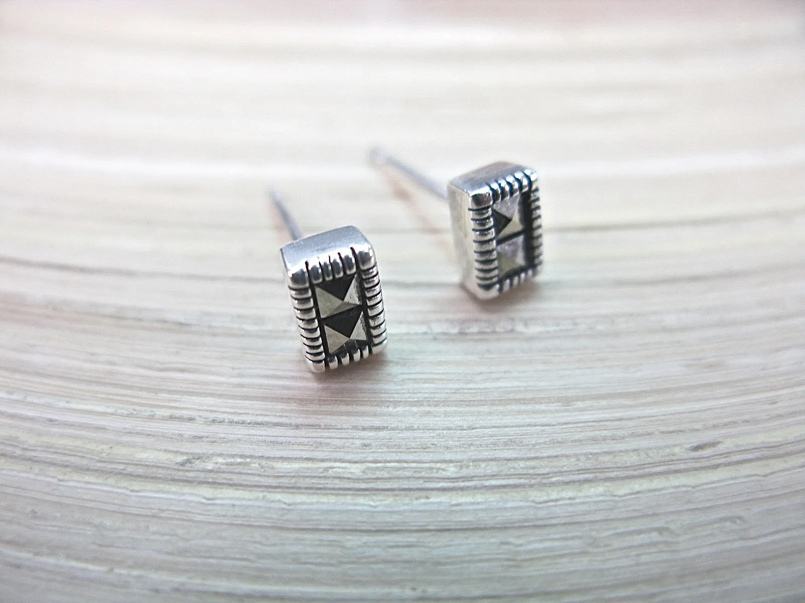 Rectangle Marcasite Stud Earrings in 925 Sterling Silver