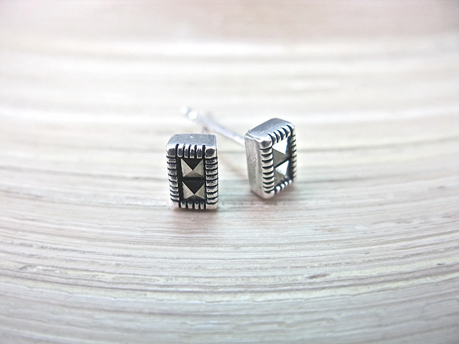 Rectangle Marcasite Stud Earrings in 925 Sterling Silver