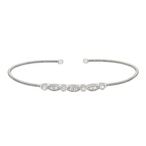 Rhodium Finish Sterling Silver Cable Cuff Bracelet with Simulated Diamond Marquis & Round Design