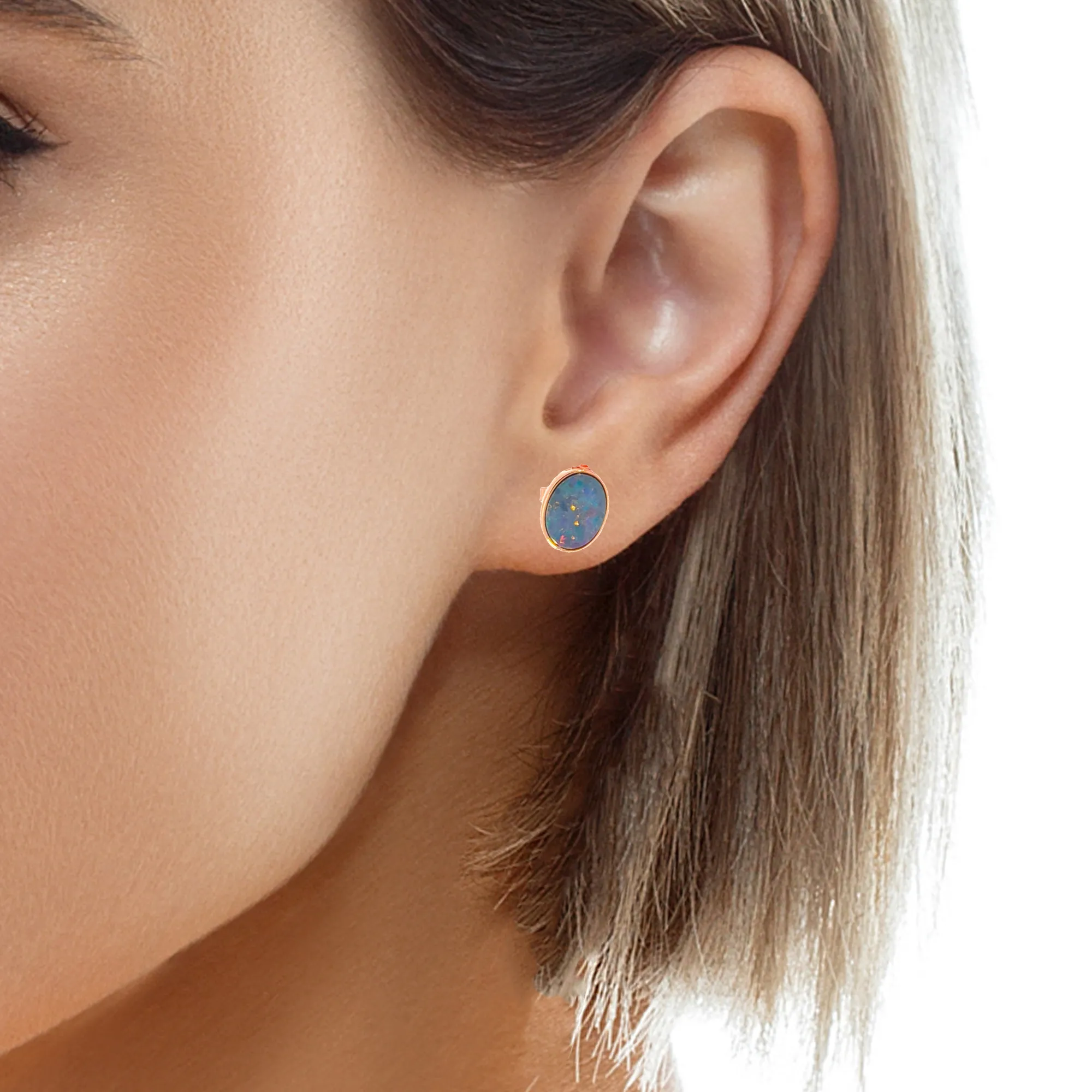 Rose Gold Plated 8x6mm Opal Doublet Earrings - Dainty Gold Studs, Handmade Opal Jewelry, Cute Gift for Her, Birthstone Earrings