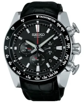 Seiko Automatic Chronograph Black Dial Black Leather Men's Watch SRQ005
