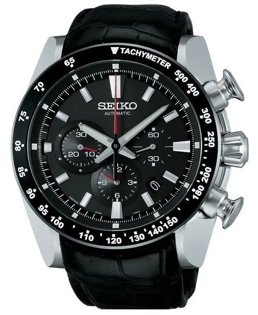 Seiko Automatic Chronograph Black Dial Black Leather Men's Watch SRQ005