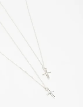 Silver Plain & Diamante Cross Pendant Necklaces 2-Pack