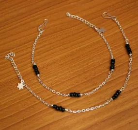 SILVER PLATED BLACK BEAD FASHION ANKLETS