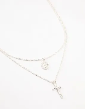 Silver Plated Mary Hammered Cross Necklaces 2-Pack
