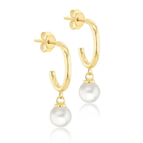 Soleil Collection Hoop Earring With Drop Pearl | 9K Solid Yellow Gold