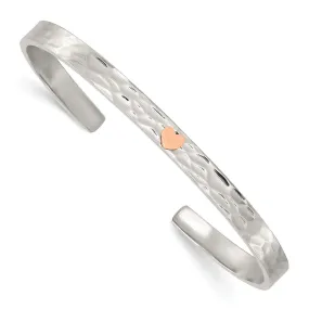 Stainless Steel Polished Rose IP-plated Hammered Heart Cuff Bangle