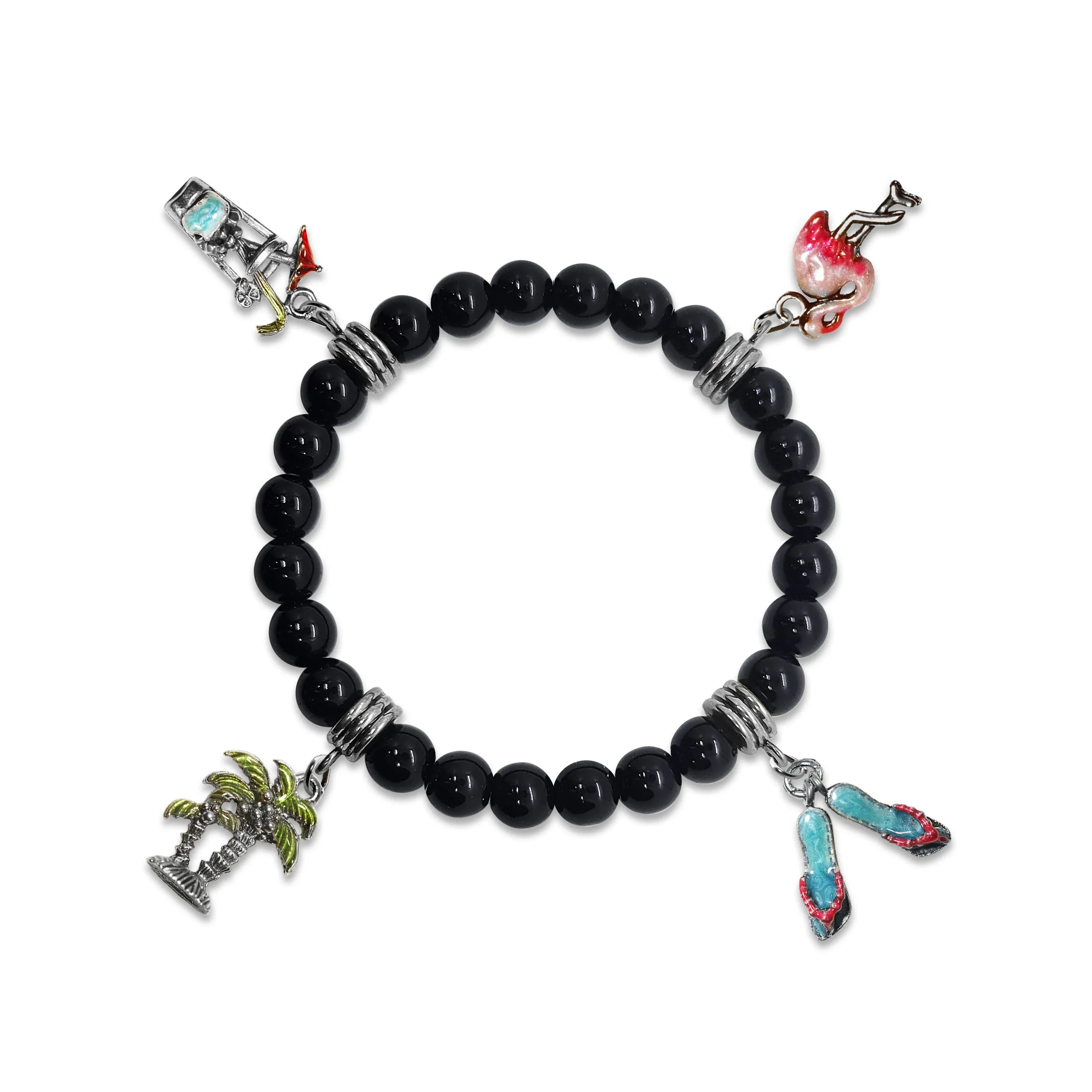 Summer Fun Genuine Onyx Charm Bracelet | Handmade in USA | 4 Hand-Painted Charms