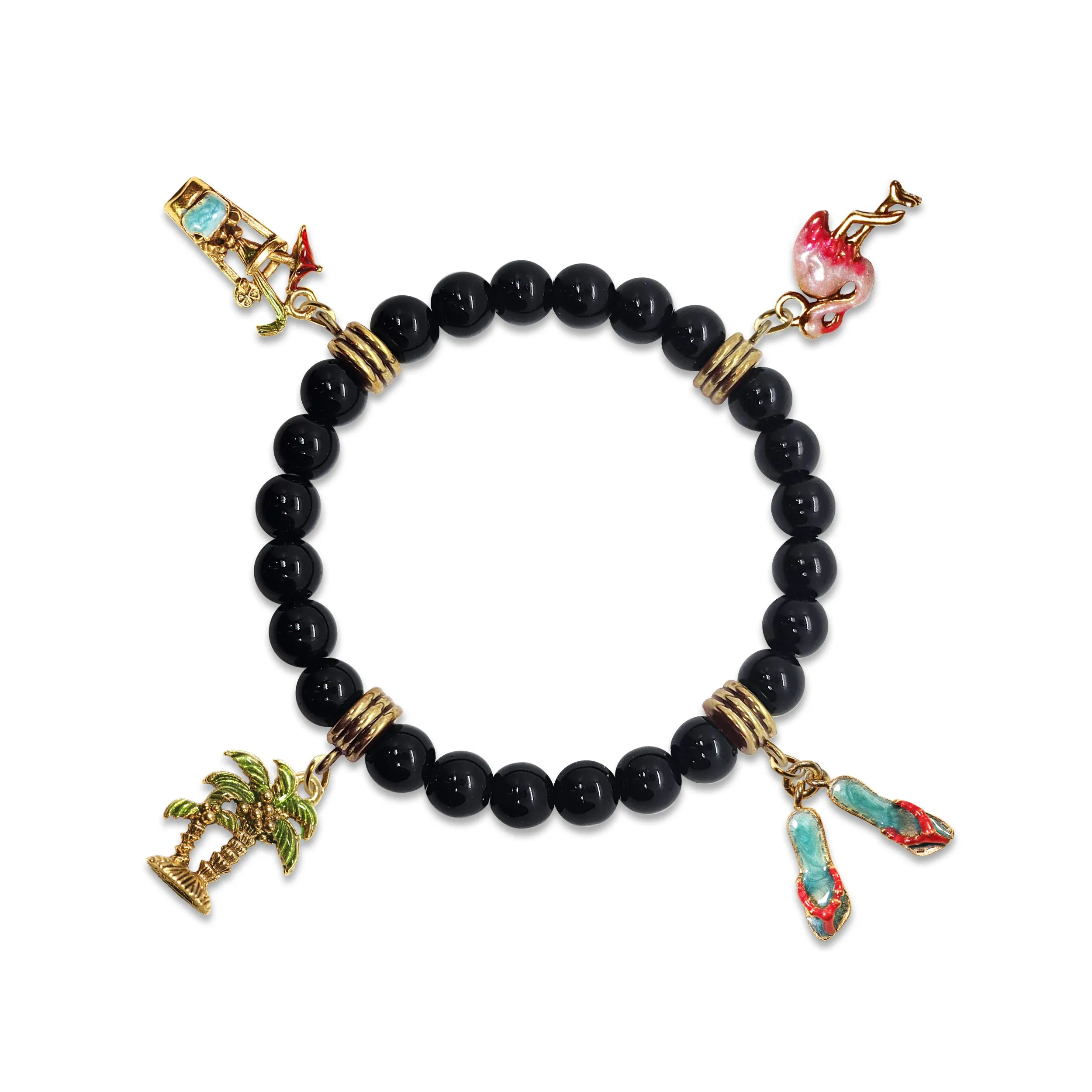 Summer Fun Genuine Onyx Charm Bracelet | Handmade in USA | 4 Hand-Painted Charms