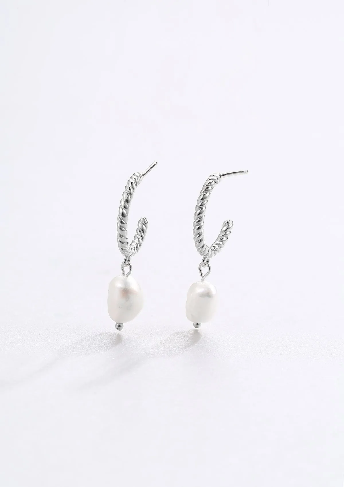 Twisted Hoop Pearl Drop Earrings Sterling Silver